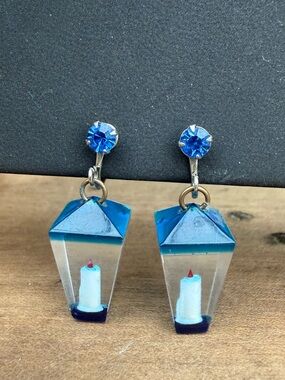 Vintage lucite Blue Lantern Candle Drop Earrings